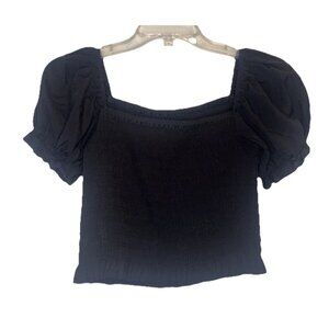 Katie J NYC Women’s Black Marlee Smocked Puff Sleeve Cropped Top Size S NEW